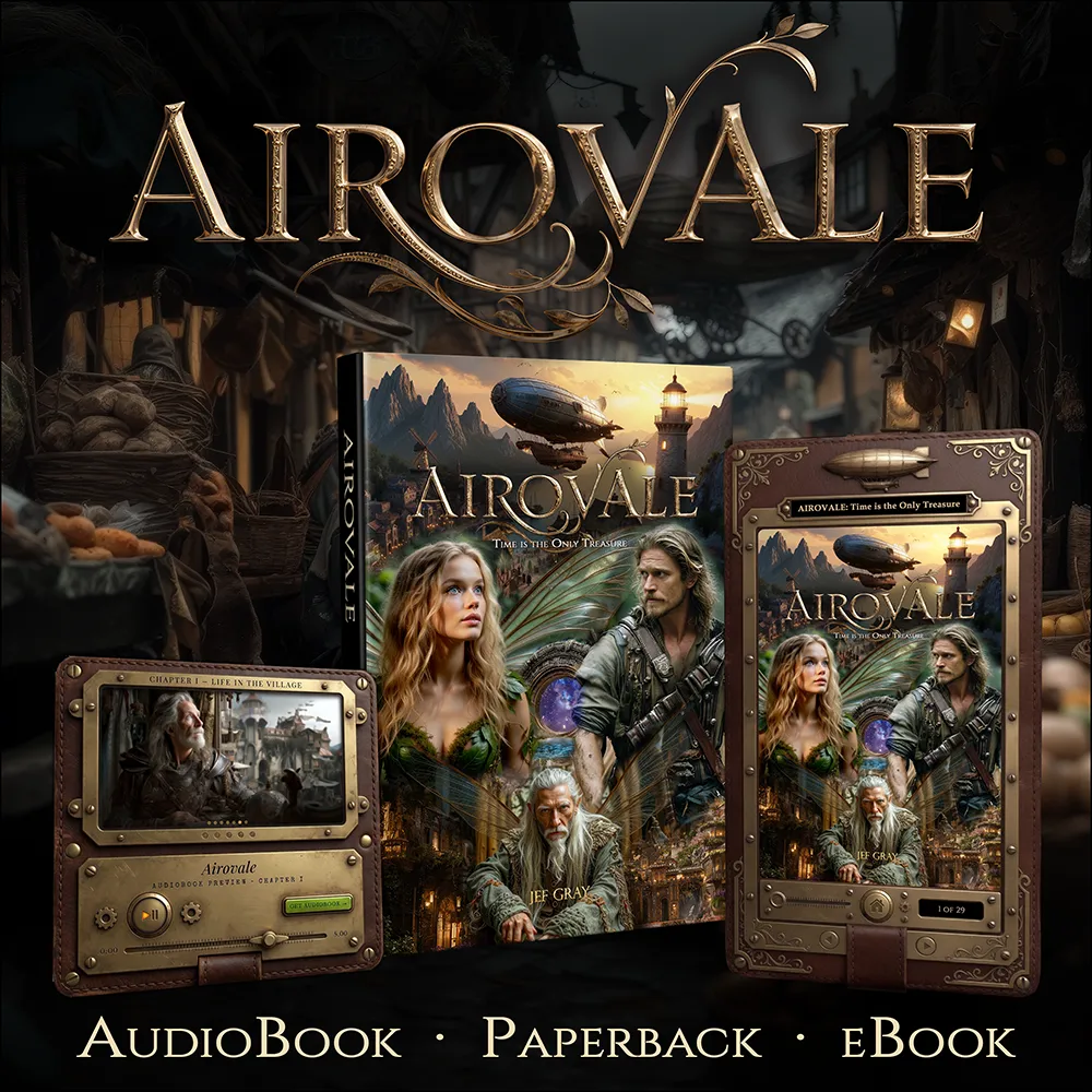 Airovale steampunk fantasy novel by Jef Gray, shown as audiobook, paperback, and eBook with cover art of fae guardian, aeronaut, and elder against an airship and lighthouse over mystic islands